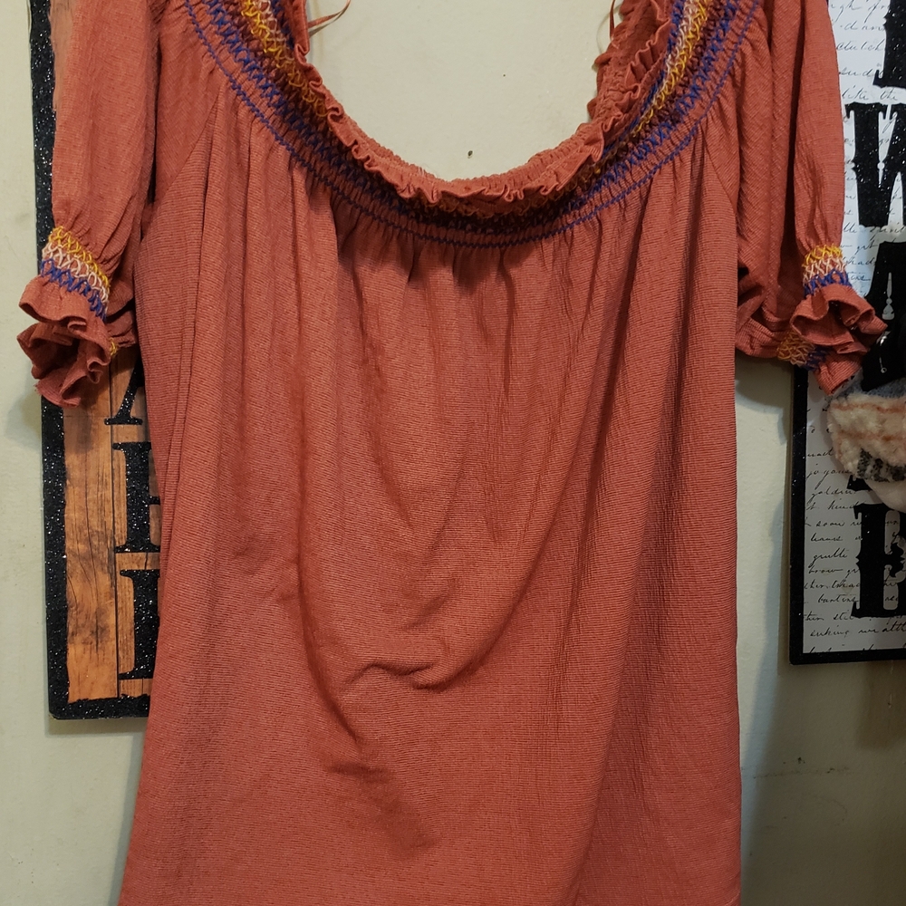 Flower & Feather Rust Color Off Shoulder Yellow, Pink, Blue Stiching